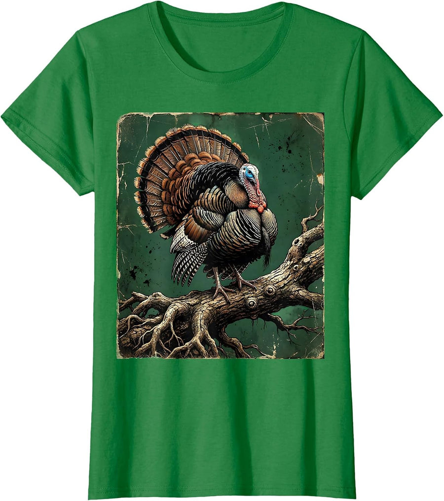 Women's Wild Turkey Perched on Gnarled Oak Branch T-Shirt - Kelly Green