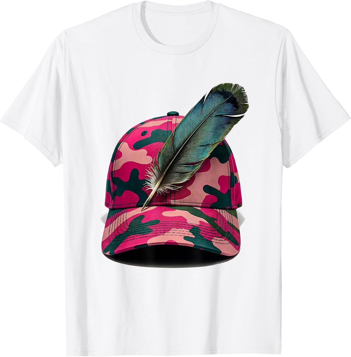 Pink Camo Hunting Hat With Duck Feather Graphic T-Shirt - White
