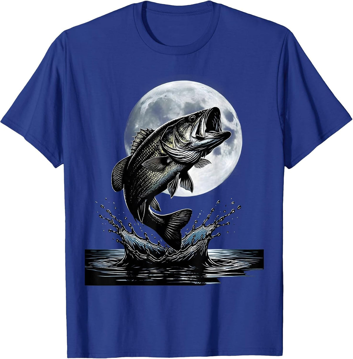 Bass Fishing Full Moon Night Graphic Tee T-Shirt - Royal Blue
