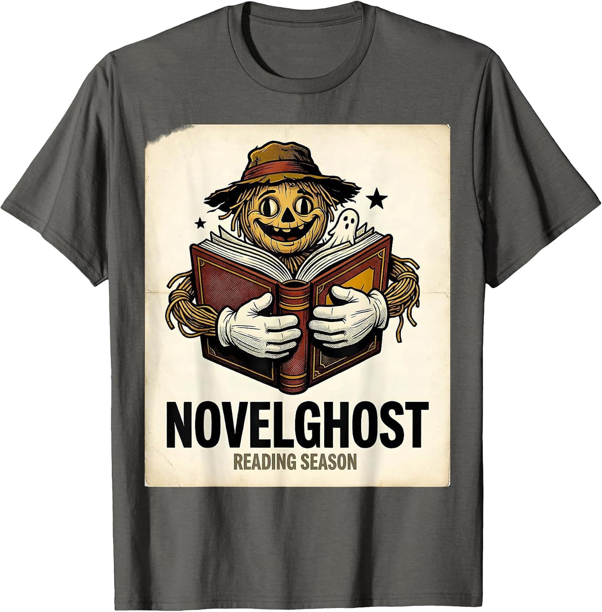 Men's Novelghost Reading Season Retro Cartoon Teacher Book Lover T-Shirt - Asphalt Grey