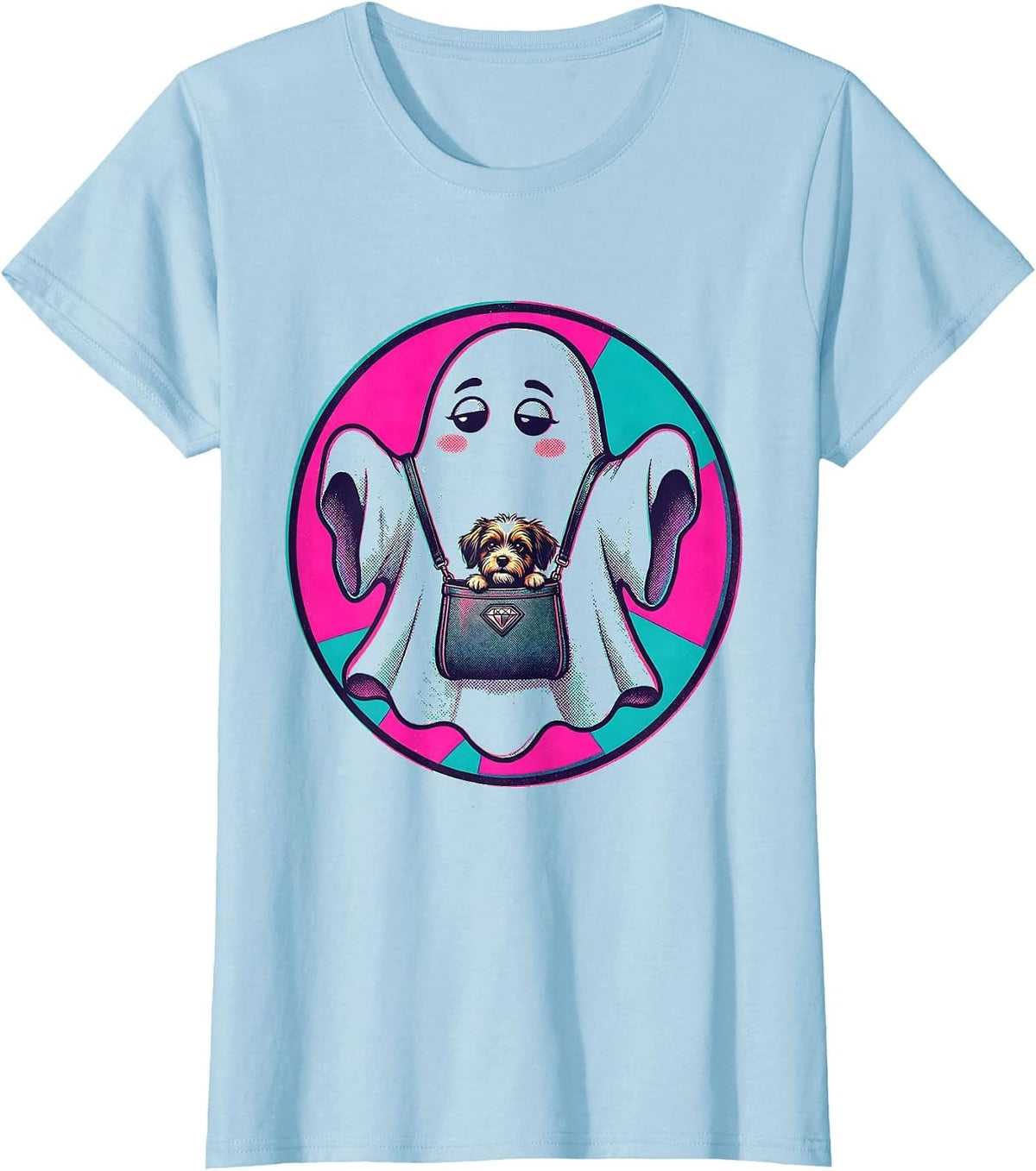 Women's Boo-Jee Ghost Floating With Designer Dog Carrier T-Shirt - Baby Blue