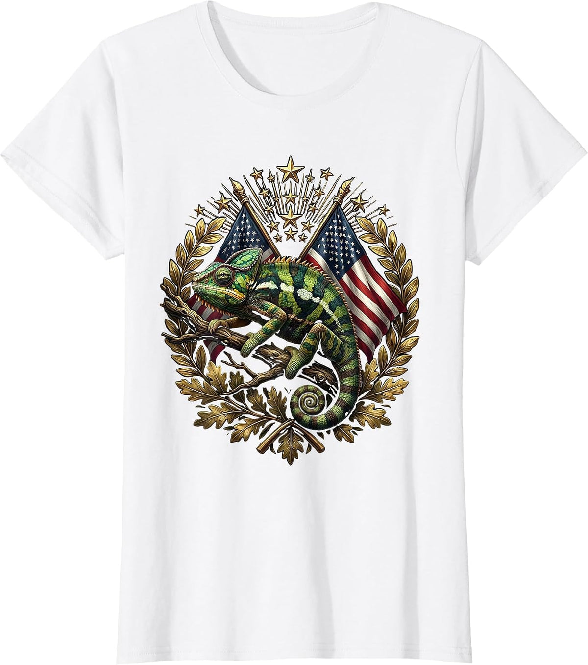 Women's Chameleon Camouflage Leafy Branch Illustration T-Shirt - White