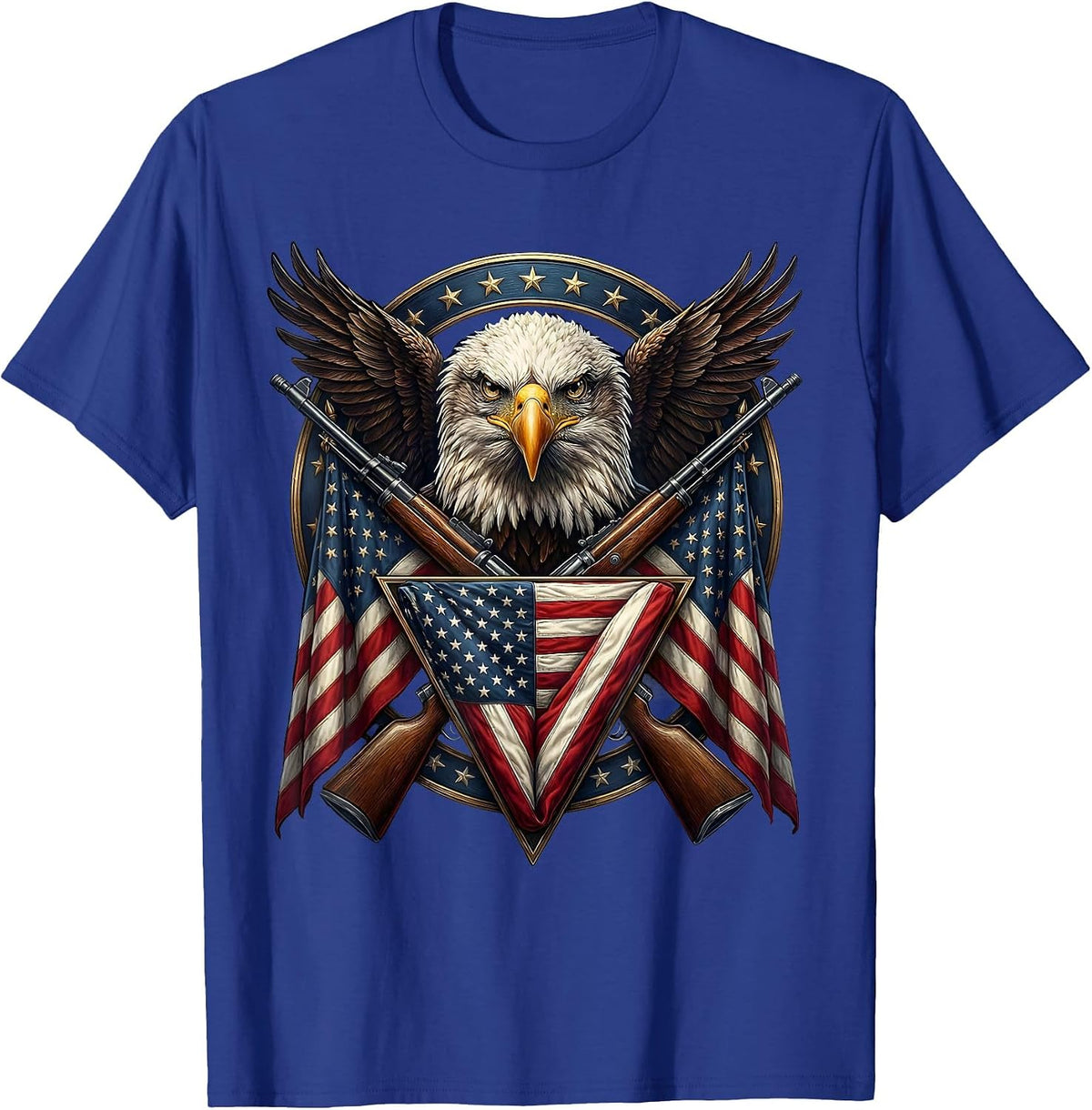 Crossed Rifles Folded Flag American Patriot Design T-Shirt - Royal Blue