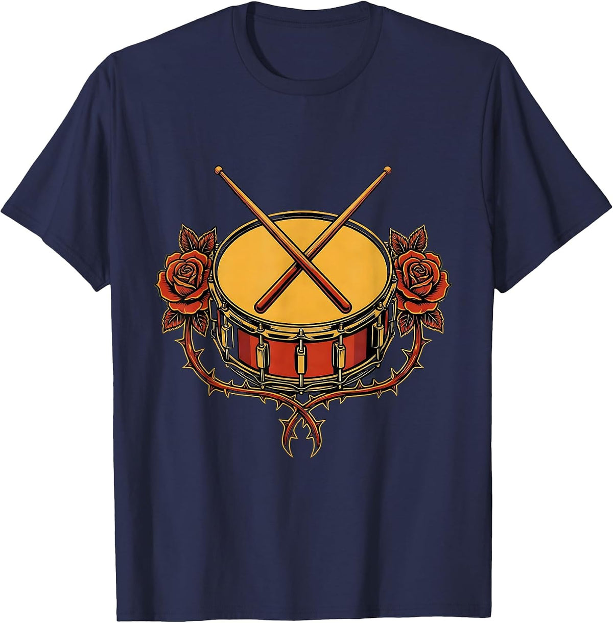 Crossed Drumsticks Snare Drum Musician Graphic T-Shirt - Navy Blue