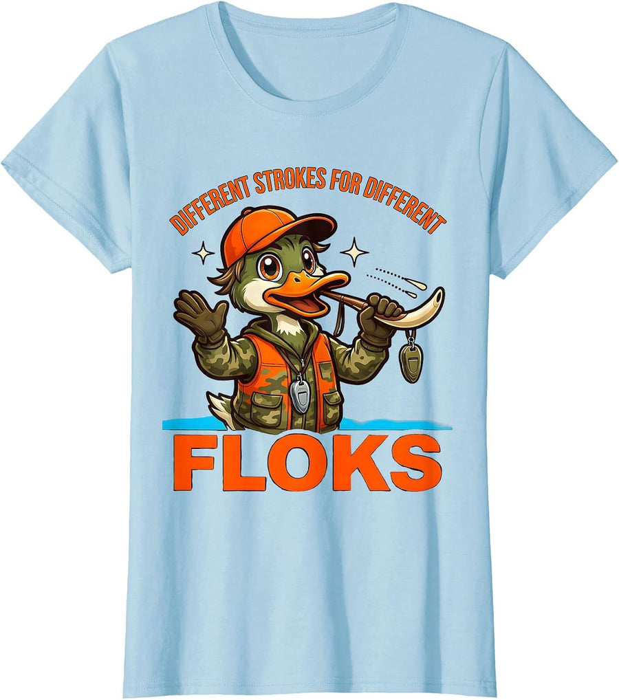 Women's DIFFERENT STROKES FOR DIFFERENT FLOКS Funny Duck Hunter T-Shirt - Baby Blue