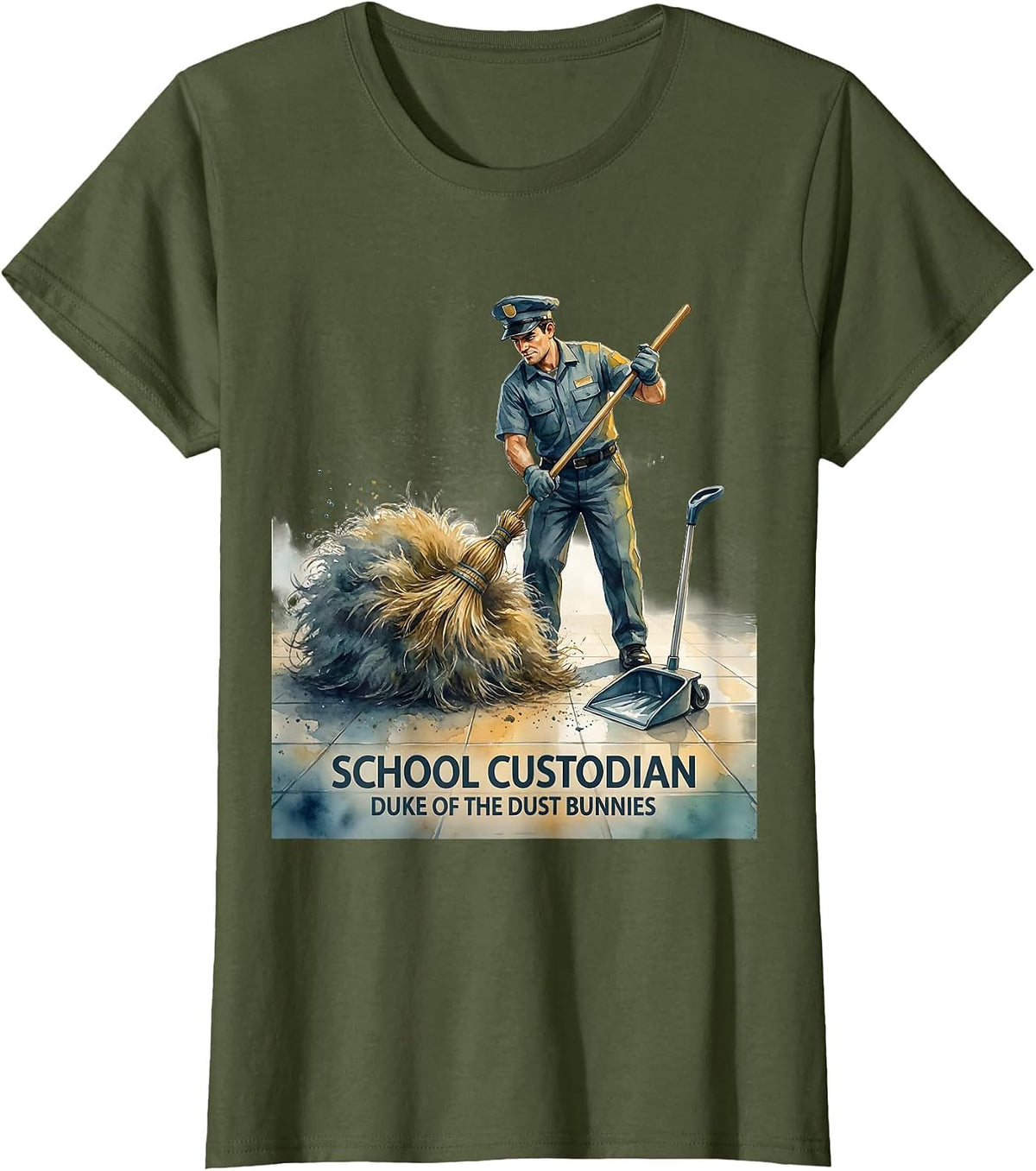School Custodian Duke of the Dust Bunnies Funny T-Shirt - Olive Green