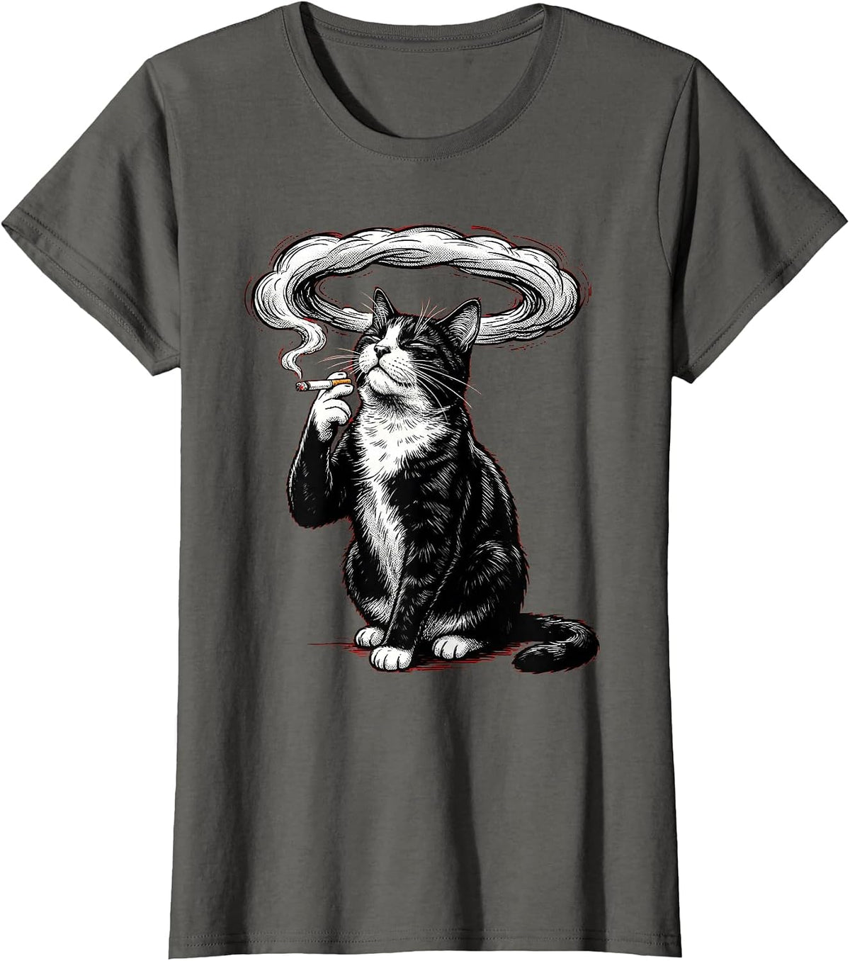 Women's Tuxedo Cat Smoking Dramatic Smoke Ring Art T-Shirt - Asphalt Grey