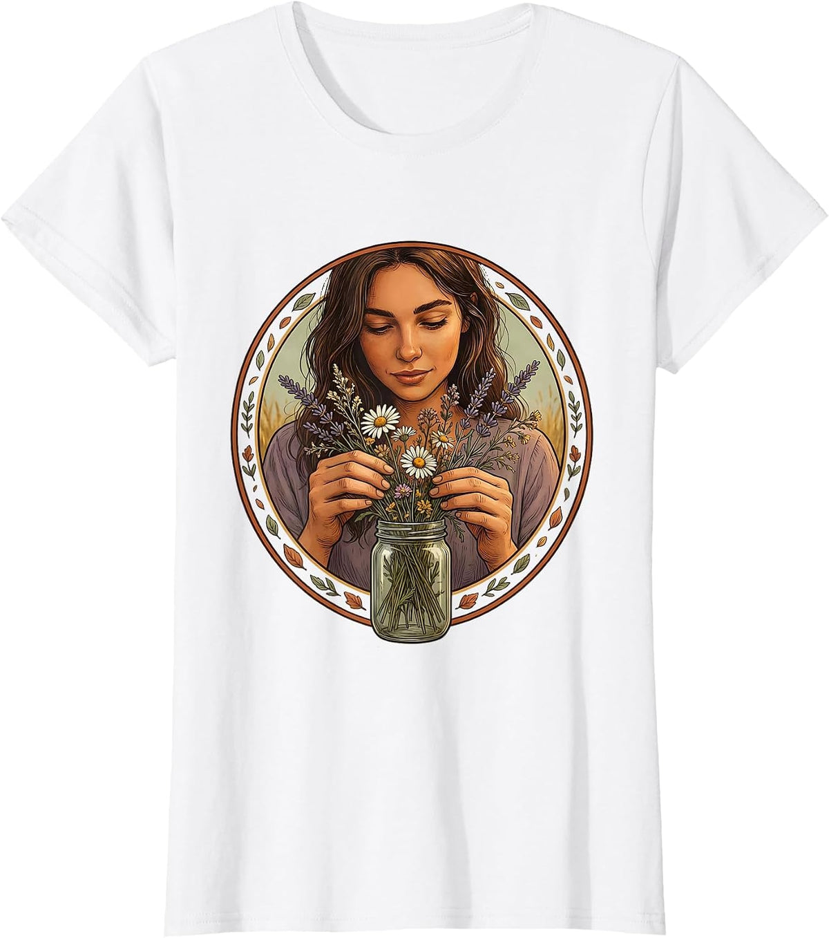 Wildflower Mason Jar Auntie Floral Illustration T-Shirt - White