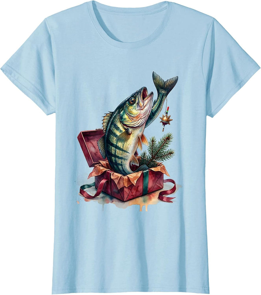 Women's Cheerful Striped Bass Fishing Christmas Holiday Humor T-Shirt - Baby Blue