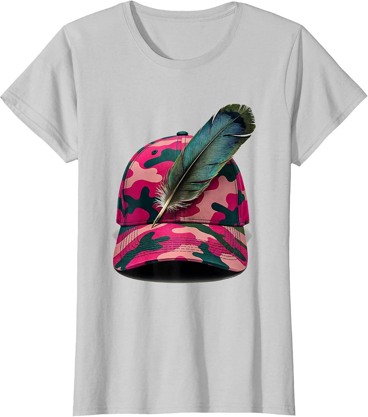 Pink Camo Hunting Hat With Duck Feather Graphic T-Shirt - Silver Grey