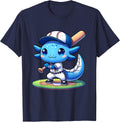 Funny Axolotl Baseball Player Catcher Boys Girls T-Shirt - Navy Blue