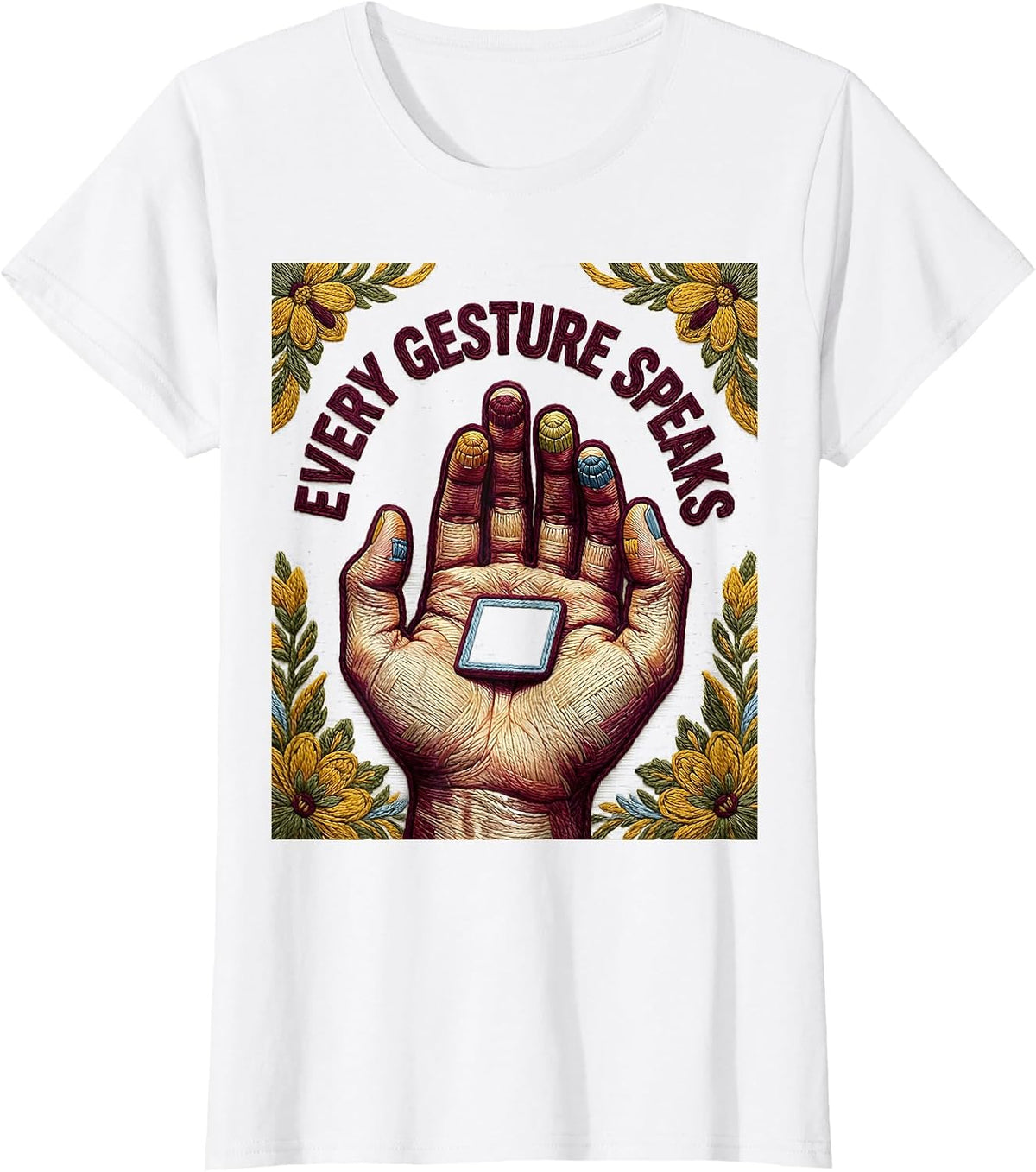 Every Gesture Speaks Contemporary Tapestry Speech Language T-Shirt, Women, White, X-Small - As Pictured