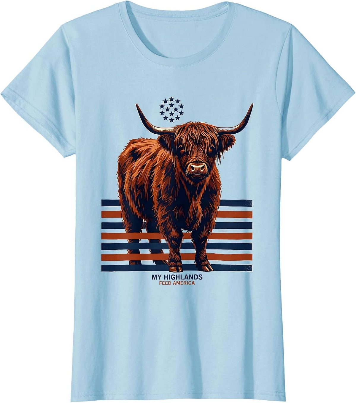 My Highlands Feed America Screenprint Highland Cow Patriotic T-Shirt - Baby Blue