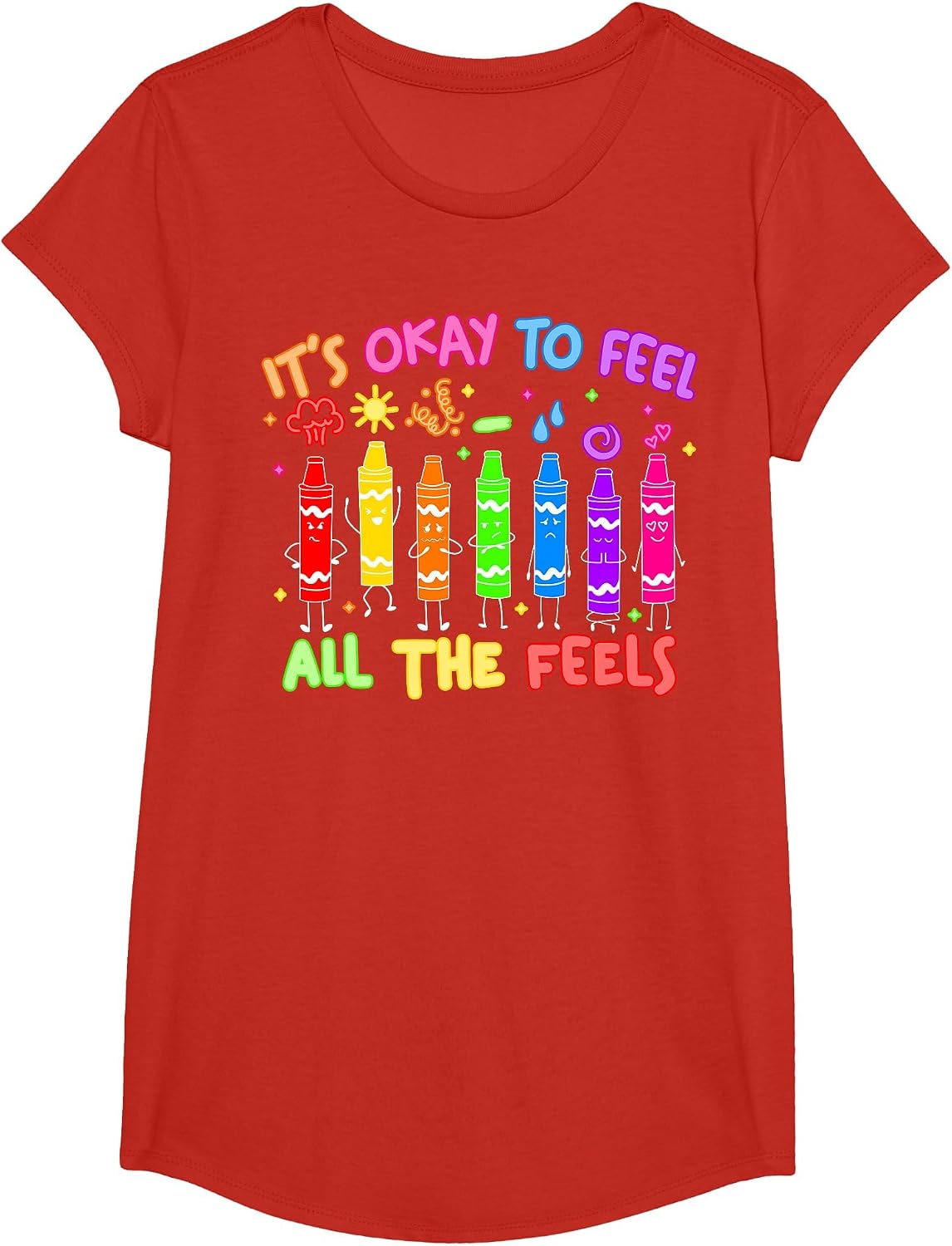 Its Okay to Feel All the Feels Mood Color Crayons Teacher T-Shirt - Girls Red