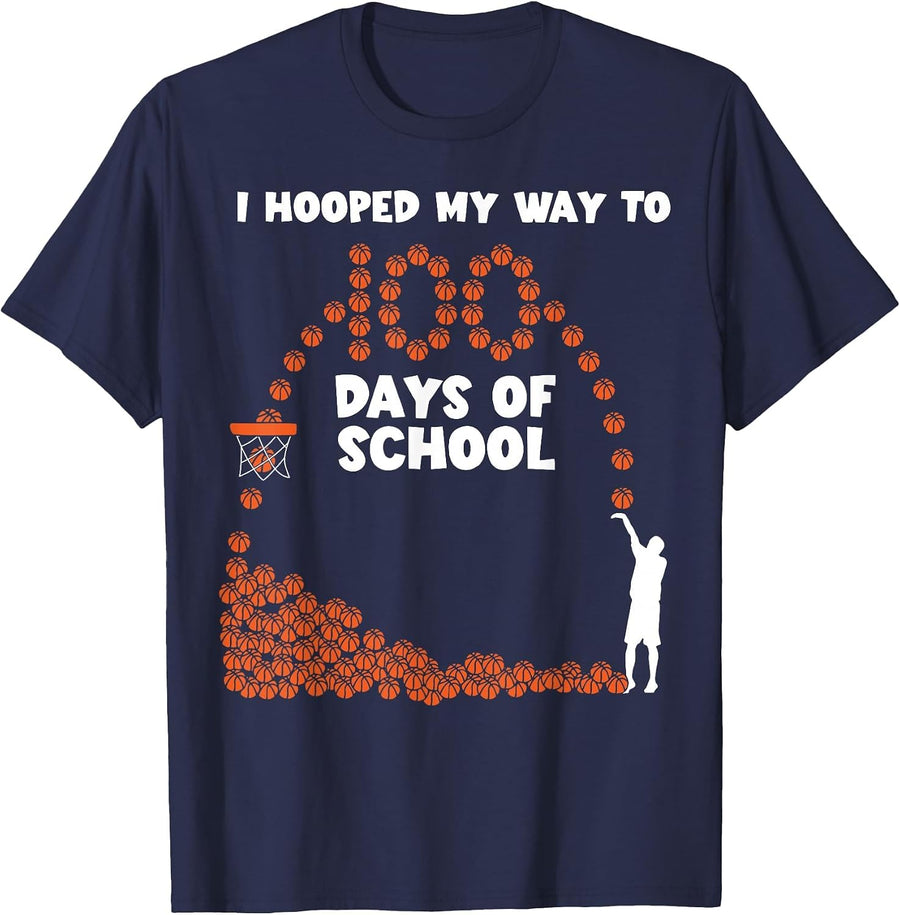 Hooped My Way 100 Days School Basketball 100th Day Boys Kids T-Shirt - Navy Blue