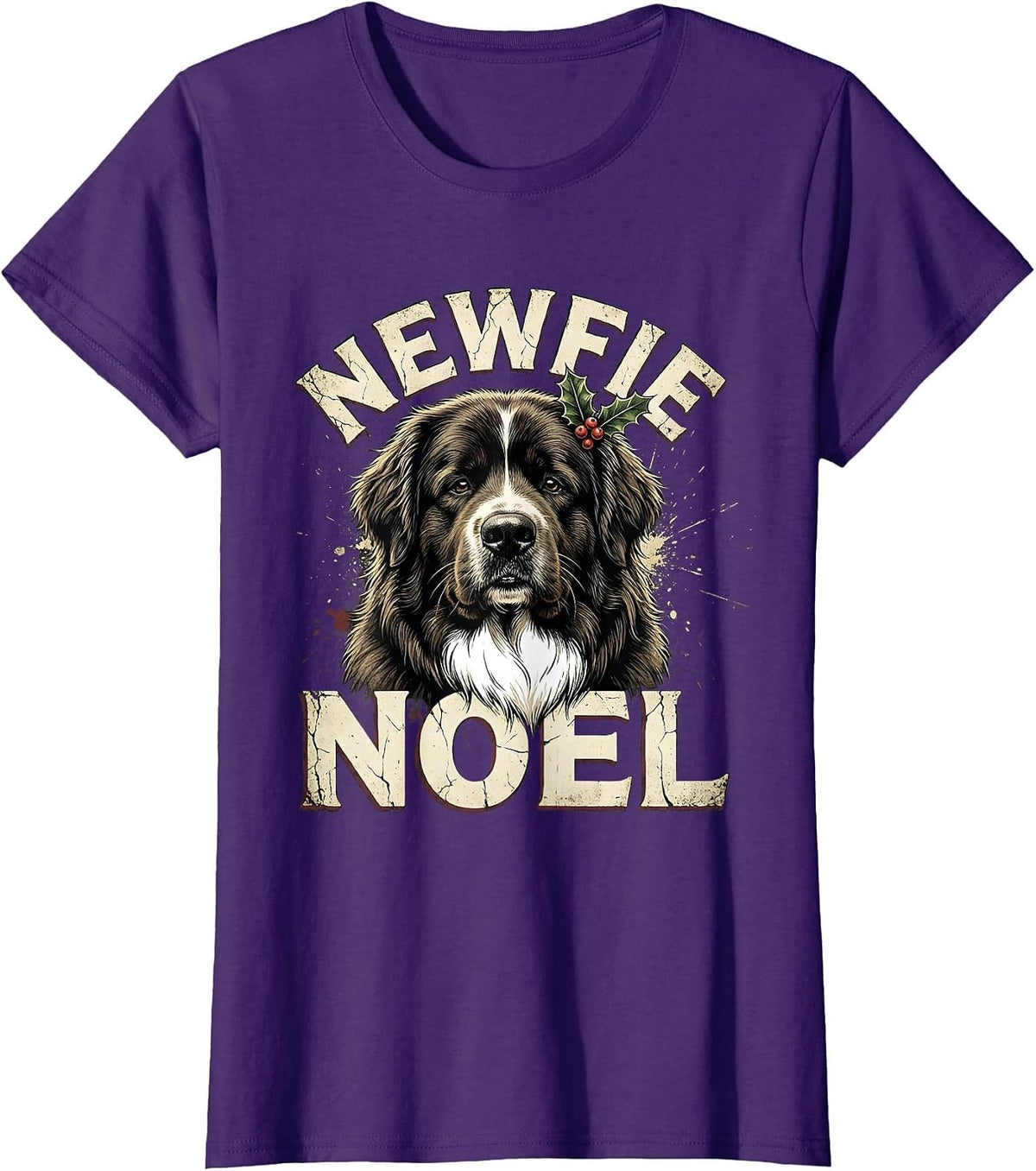 Women's Newfie Noel Distressed Christmas Newfoundland Dog Breed T-Shirt - Purple