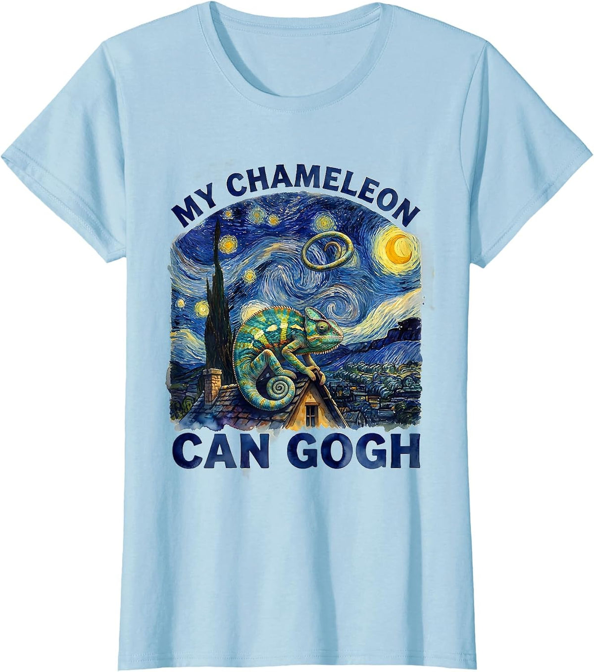 Women's My Chameleon Can Gogh Whimsical Art Parody Cat Lover Gift T-Shirt - Baby Blue