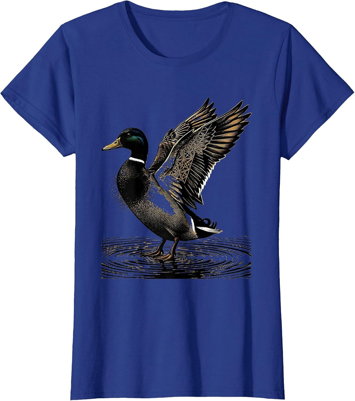 Women's Camo Mallard Duck Landing on Still Water T-Shirt - Royal Blue