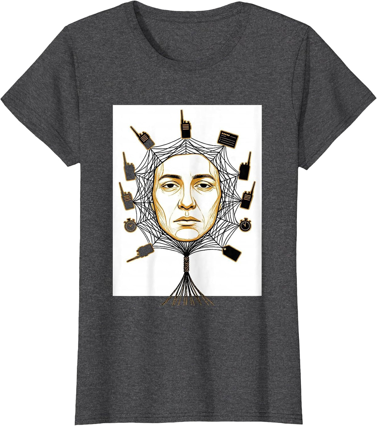 Women's Spiderweb Duty Objects Calm Face Paraprofessional Humor T-Shirt - Dark Heather Grey