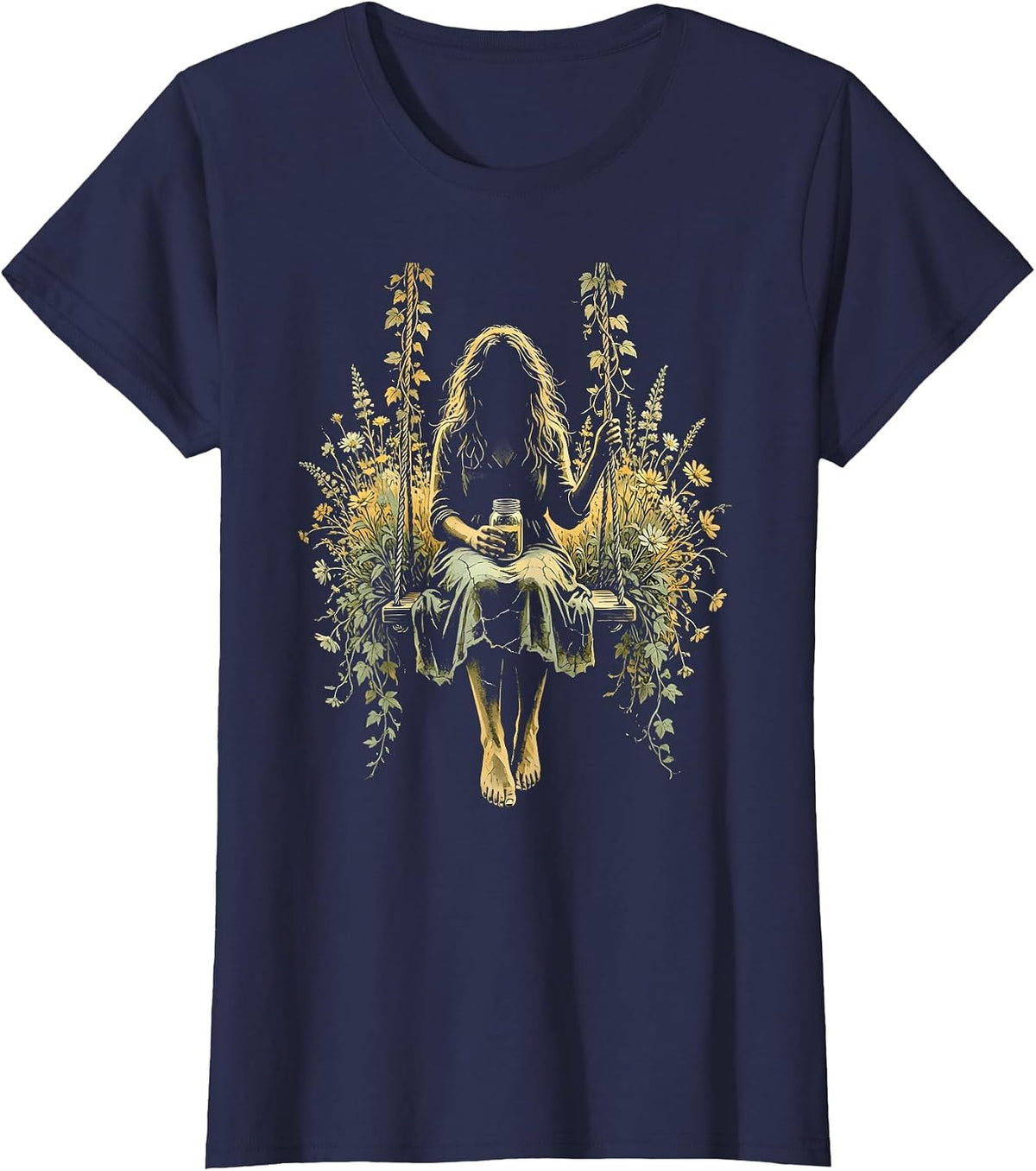 Women's Country Porch Swing Mason Jar Illustration T-Shirt - Navy Blue
