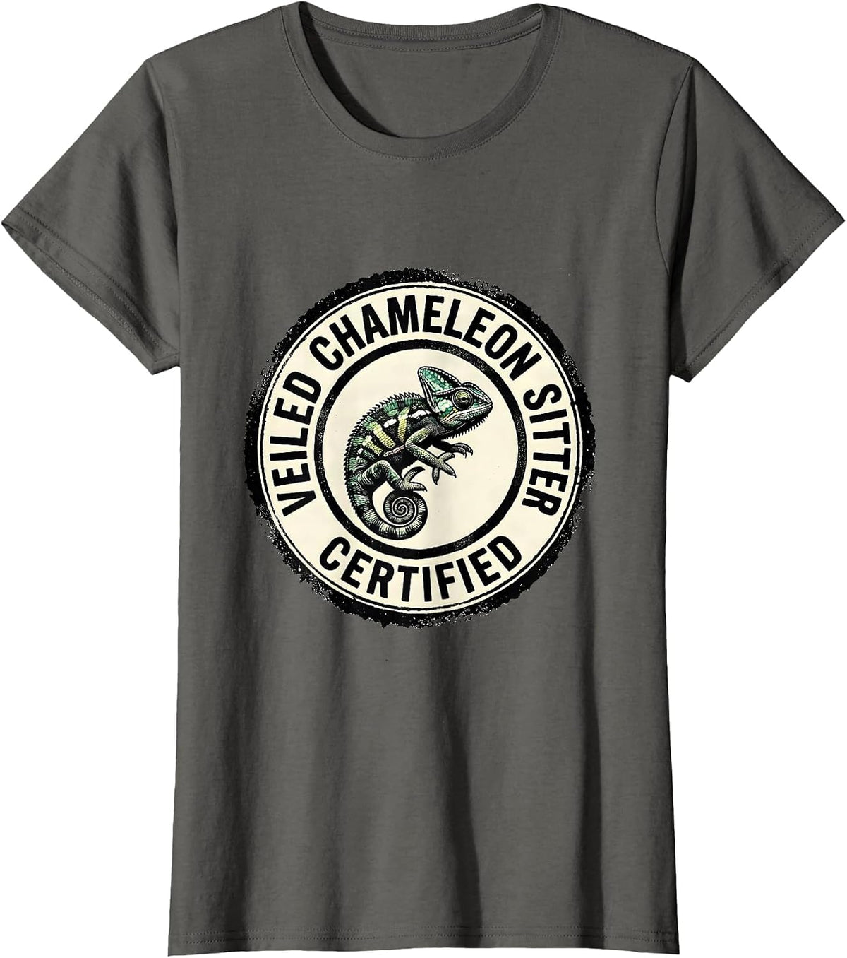 Women's Veiled Chameleon Sitter Certified Whimsical Fantasy Reptile T-Shirt - Asphalt Grey