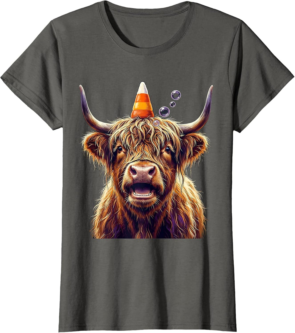 Women's Shaggy Highland Cow Candy Corn Crown Halloween Humor T-Shirt - Asphalt Grey