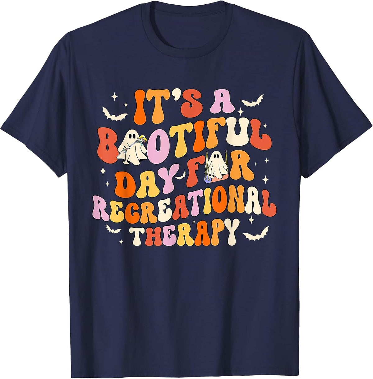 Retro It's A Bootiful Day for Recreational Therapy Halloween T-Shirt - Navy Blue
