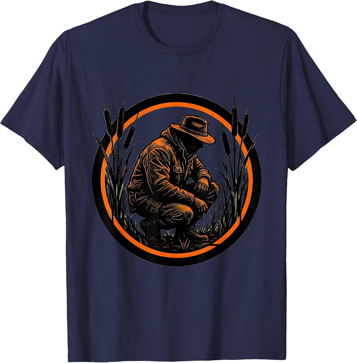 Men's Camo Duck Hunter in Marsh Reeds Illustration T-Shirt - Navy Blue