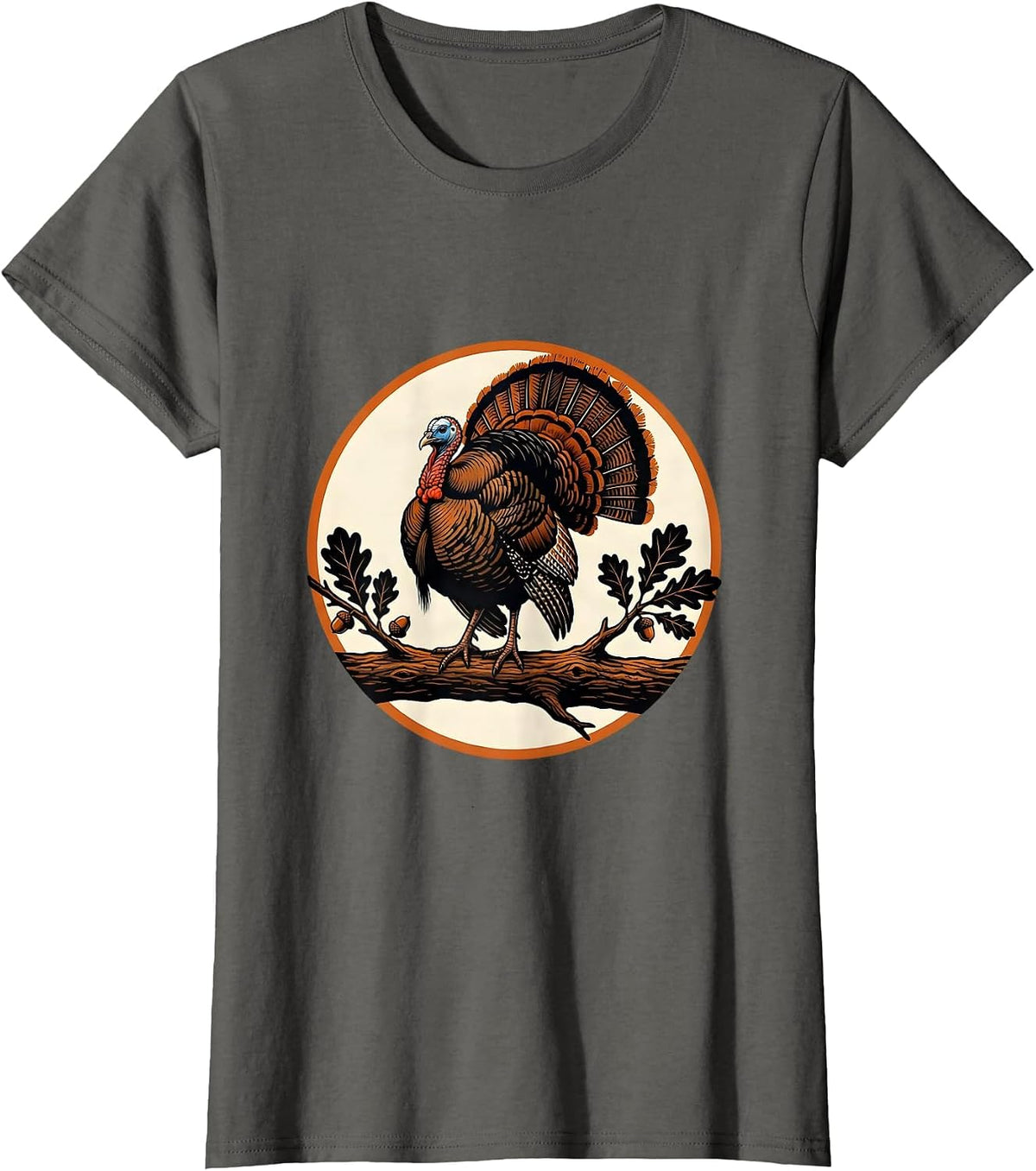 Women's Wild Turkey Perched on Oak Branch Illustration T-Shirt - Asphalt Grey
