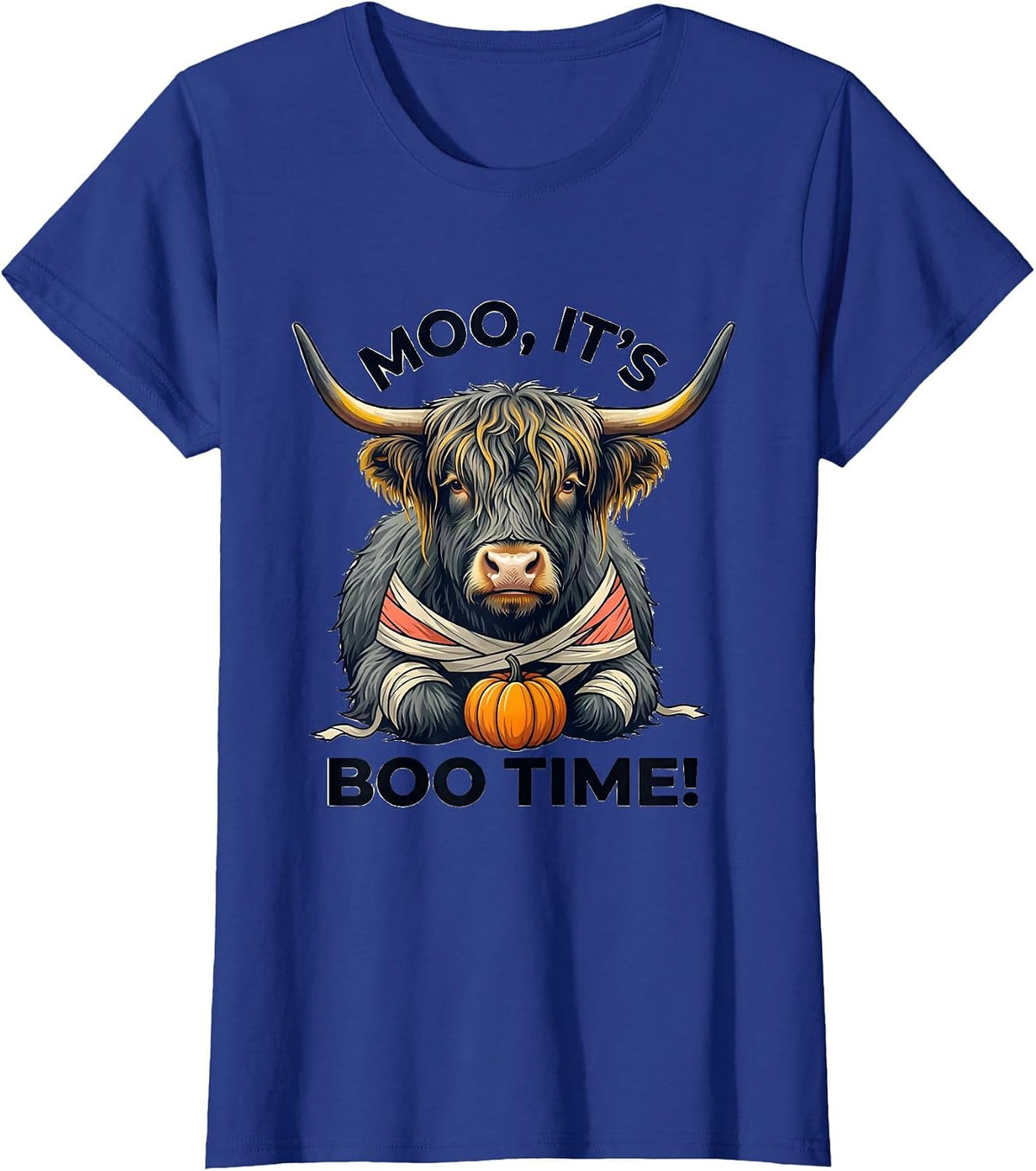 Women's Moo, It's Boo Time! Whimsical Highland Cow Halloween Fall T-Shirt - Royal Blue