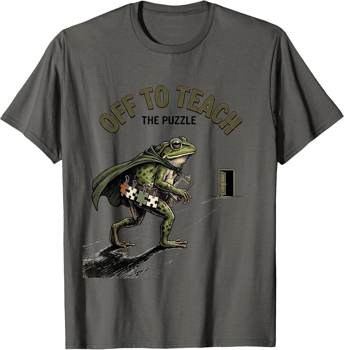 Men's Off To Teach The Puzzle Vintage Frog Teacher Back To School T-Shirt - Asphalt Grey