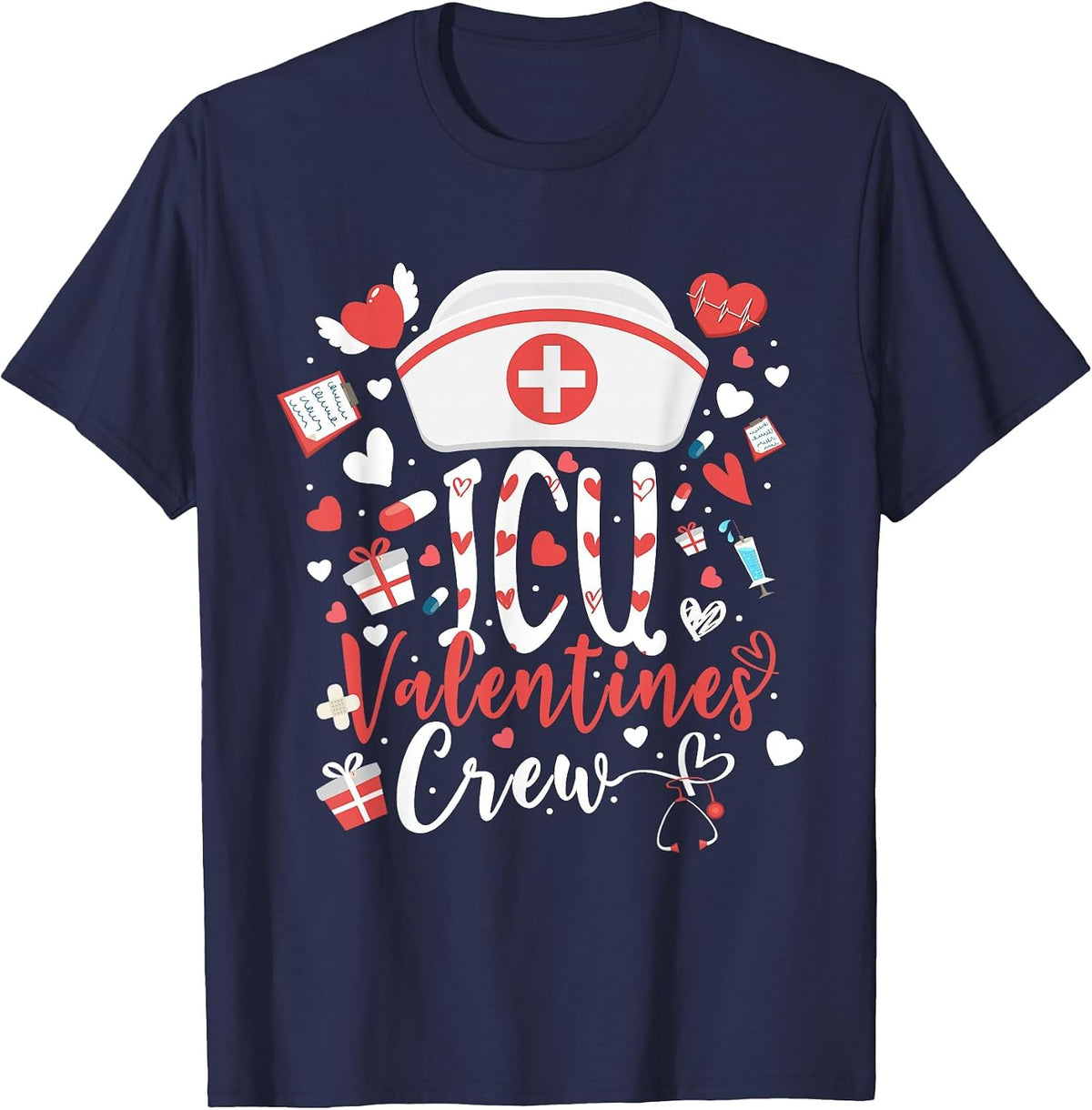 ICU Valentines Nurse Crew Tee Cute Intensive Care Unit Nurse T-Shirt - Navy Blue