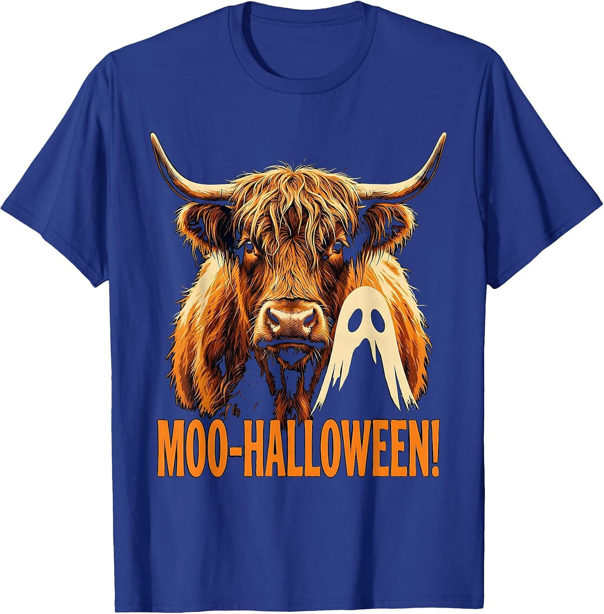 Men's Moo-Halloween! Whimsical Highland Cow Halloween Humor T-Shirt - Royal Blue