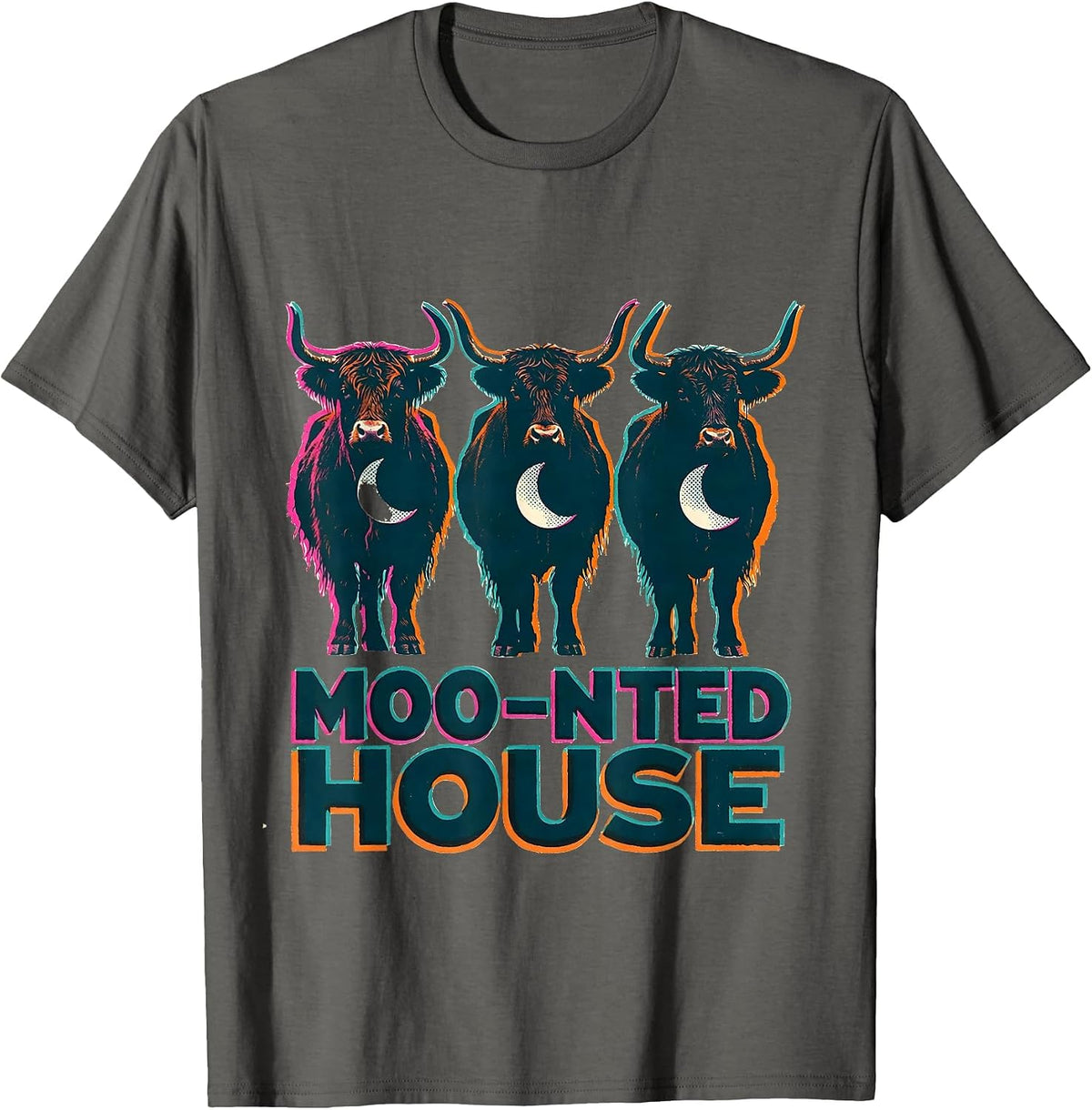 Men's Moo-nted House Risograph Highland Cow Halloween Humor T-Shirt - Asphalt Grey