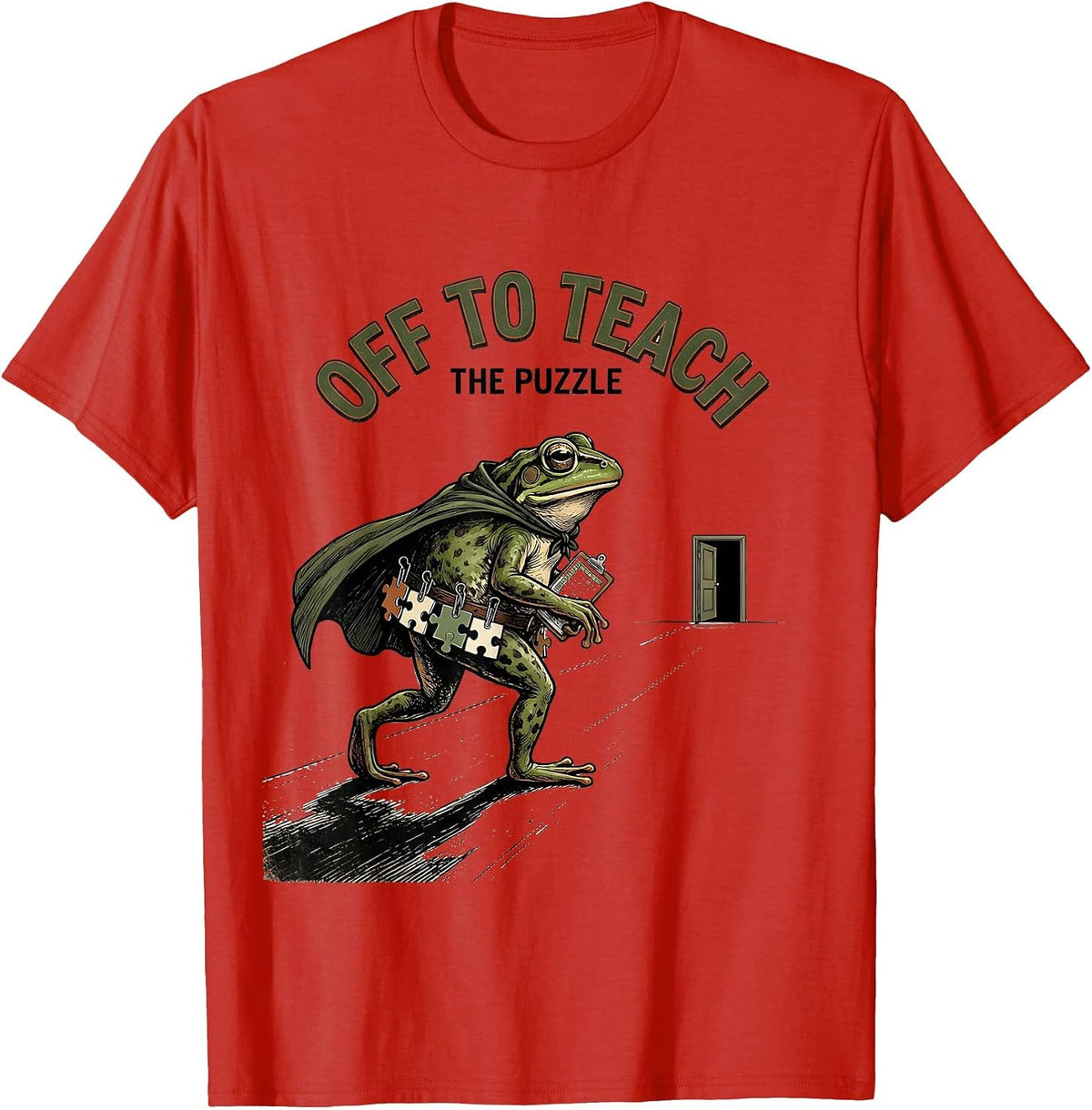 Men's Off To Teach The Puzzle Vintage Frog Teacher Back To School T-Shirt - Red