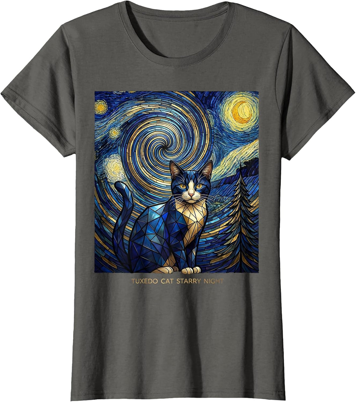Women's Tuxedo Cat Starry Night Whimsical Van Gogh Cat Lover Art T-Shirt - Asphalt Grey