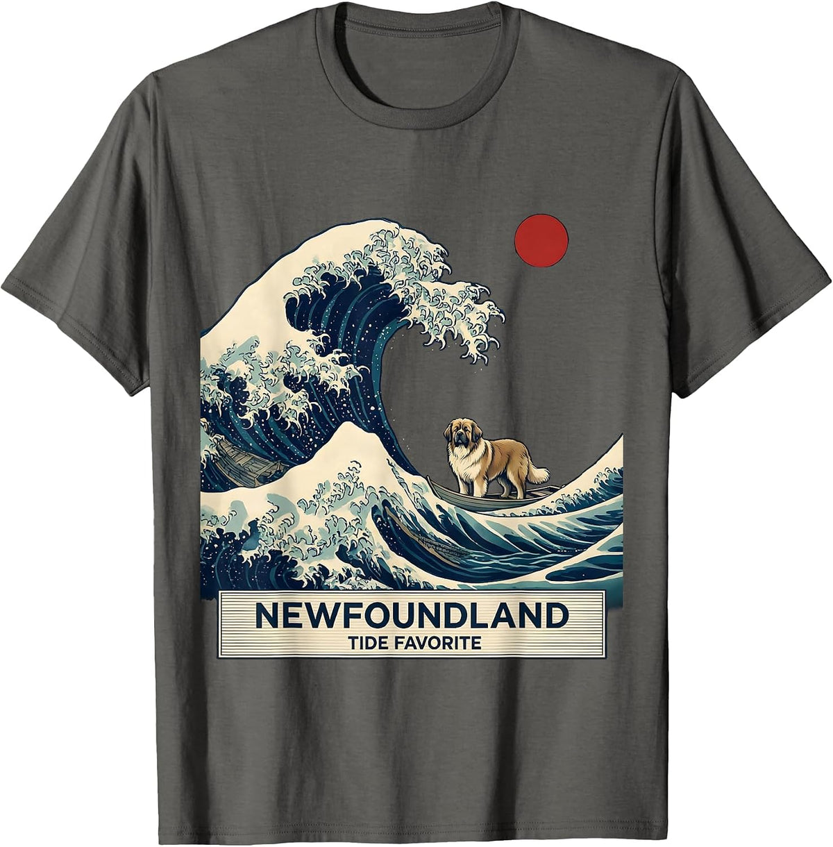 Newfoundland Tide Favorite Ukiyo-e Animal Surfing Breed T-Shirt - Asphalt Grey