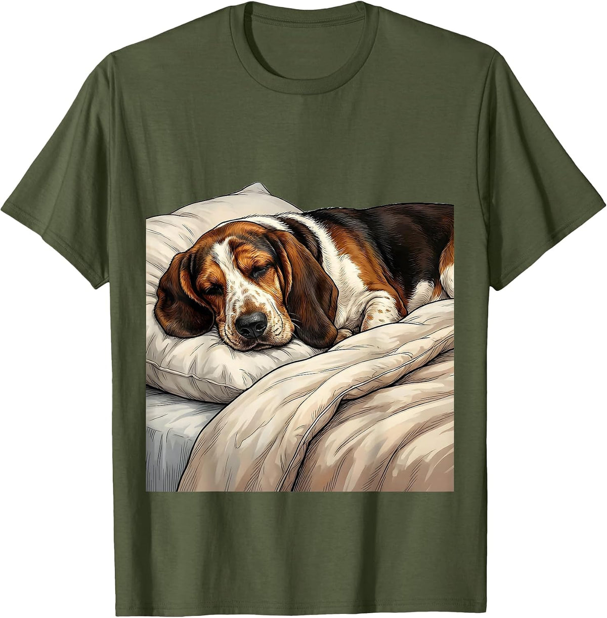 Sleeping Basset Hound Cozy Breed Humor Pajama T-Shirt - Olive Green