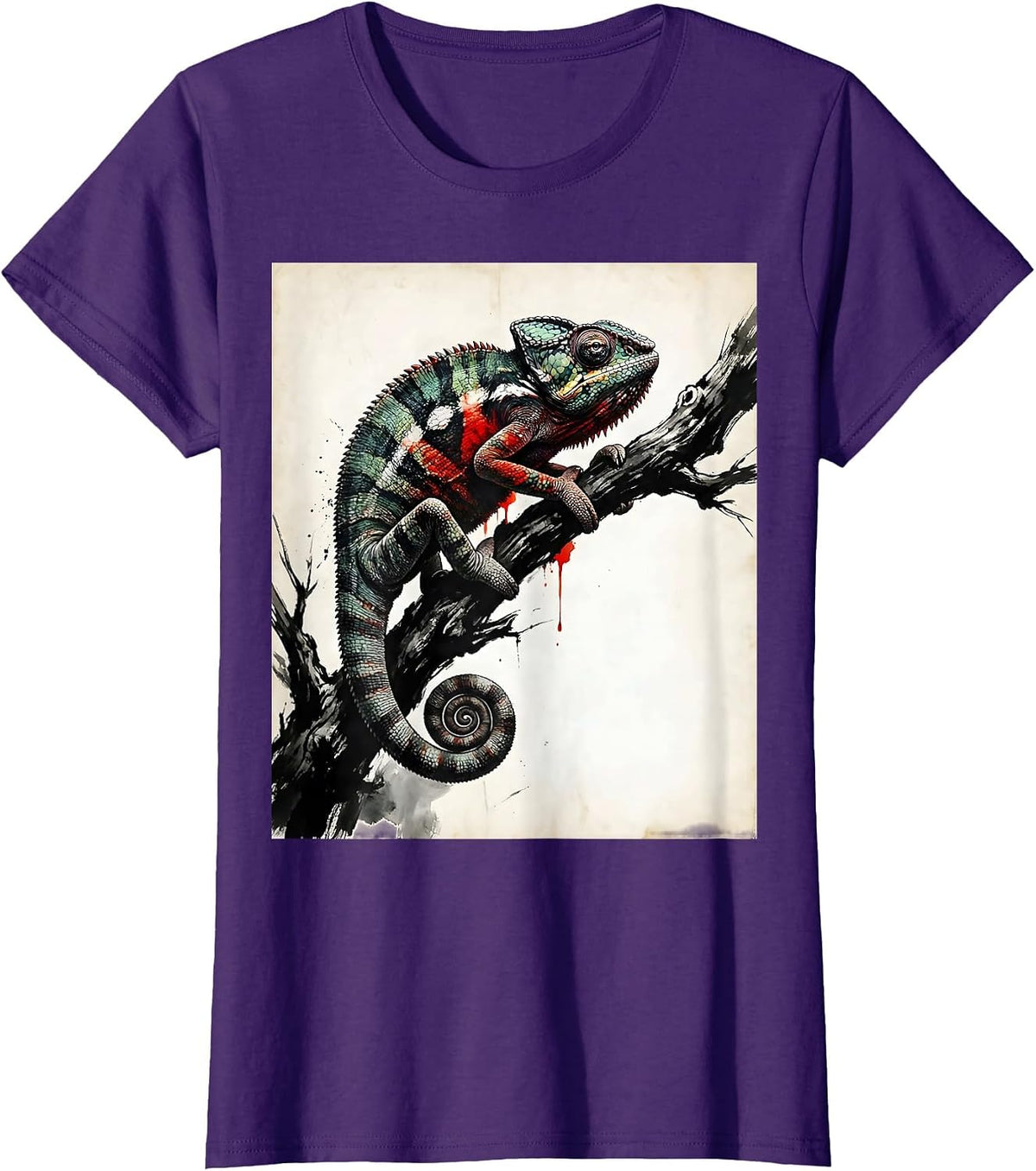 Women's Chameleon on Branch Vibrant Color Change Art T-Shirt - Purple