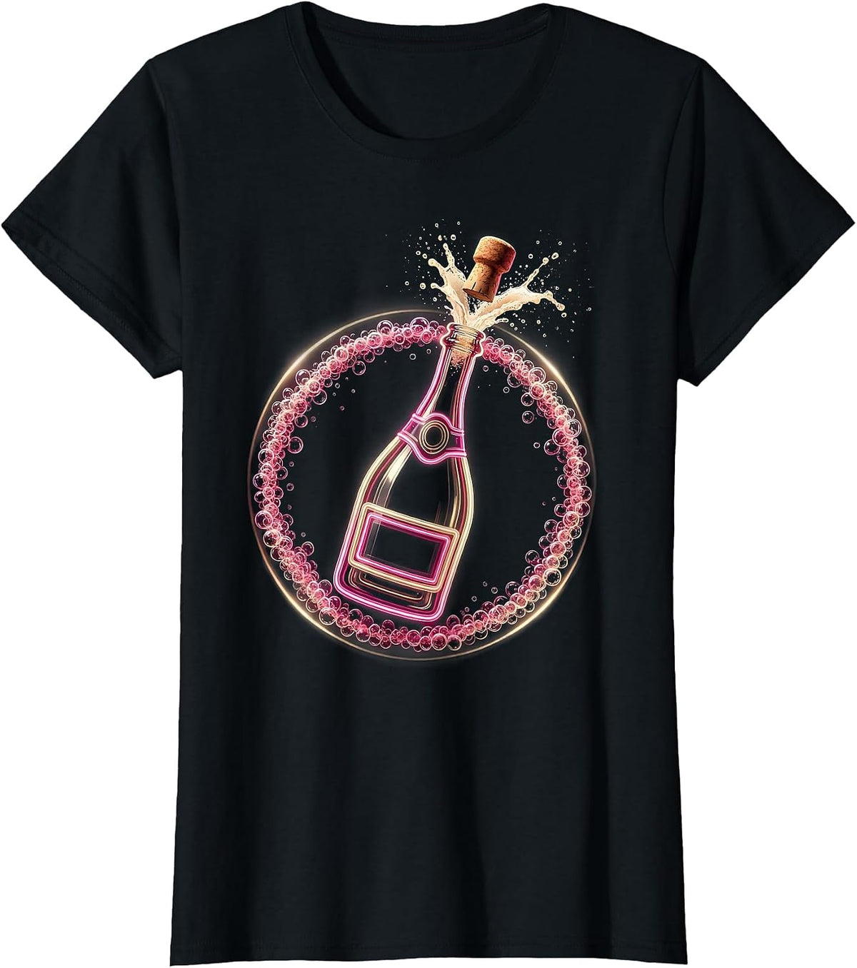 Champagne Overflow Bubbly Celebration Graphic T-Shirt - Black