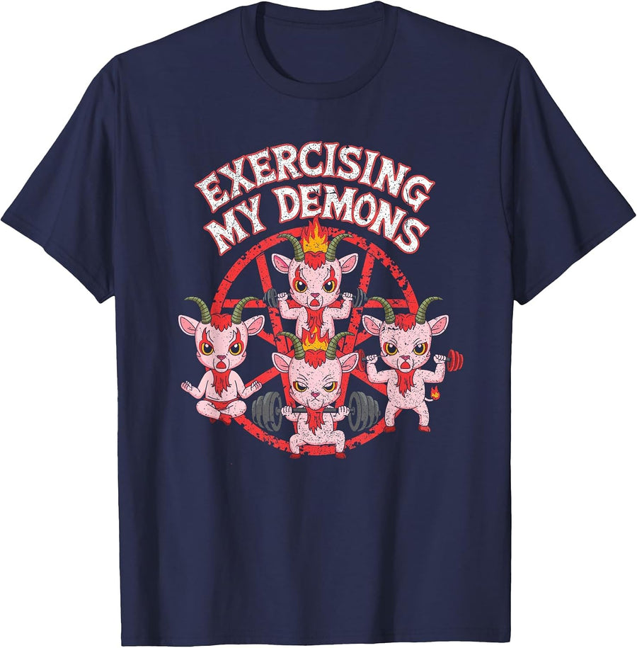 Exercising My Demons Funny Gym Workout Demon T-Shirt - Navy Blue