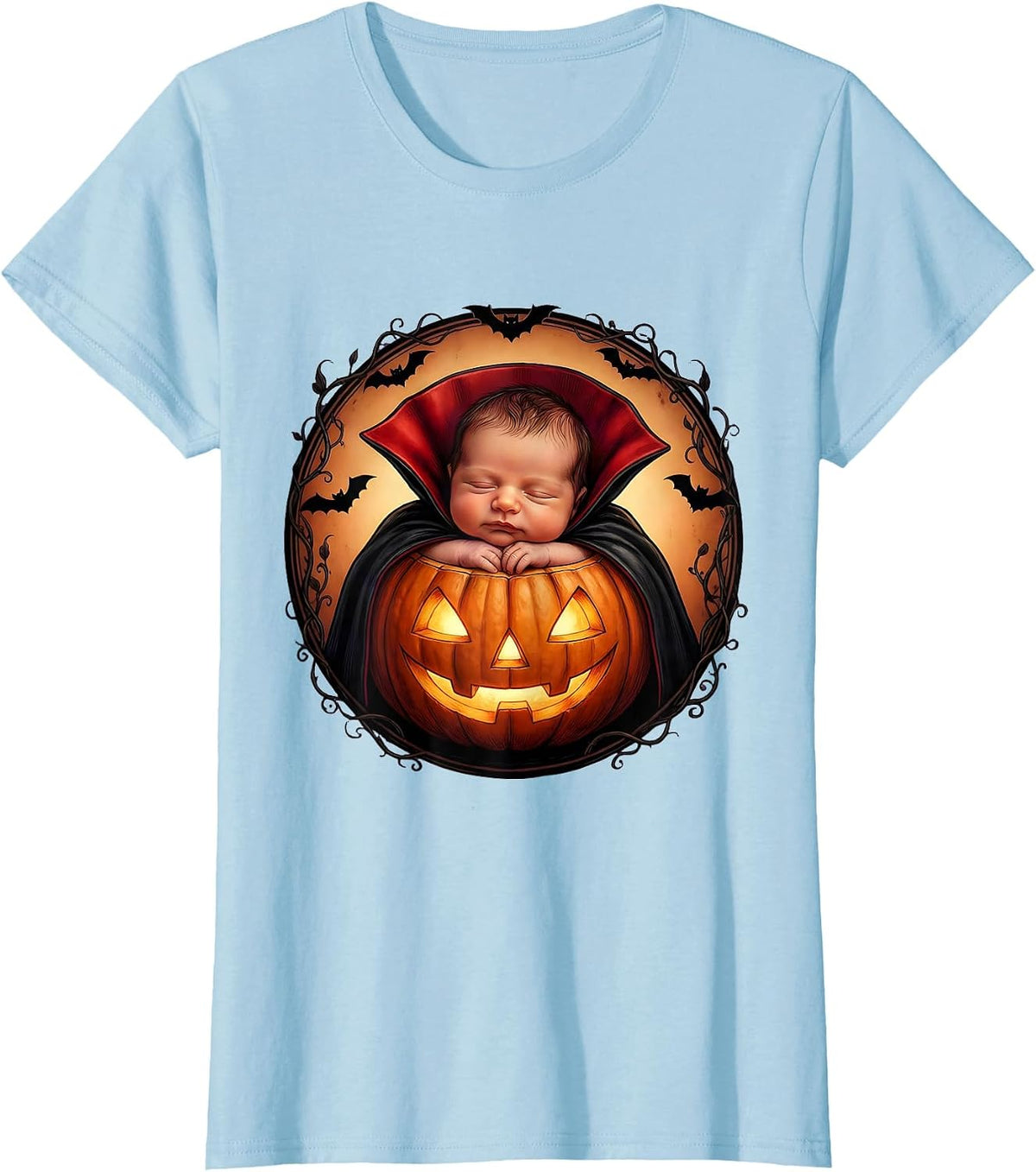 Women's NICU Halloween Tiny Baby Vampire Pumpkin Design T-Shirt - Baby Blue