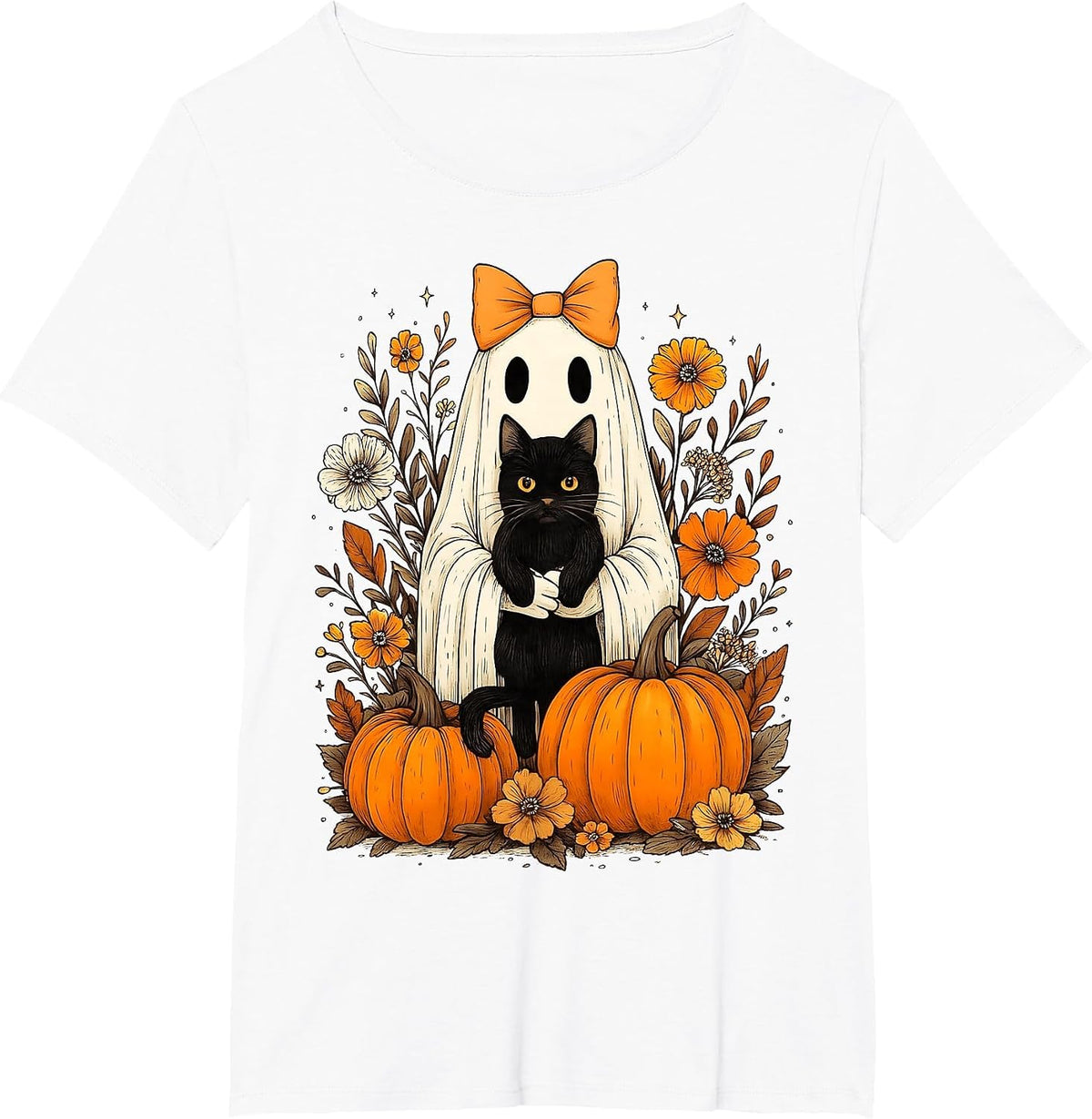 Vintage Halloween Ghost Holding Black Cat Groovy Floral T-Shirt - White