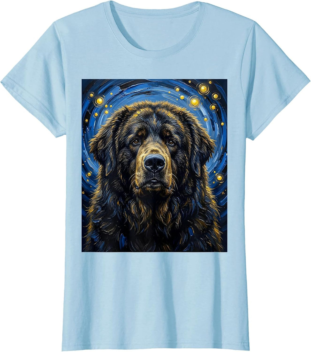 Women's Newfoundland Dog Van Gogh Style Starry Night Portrait T-Shirt - Baby Blue