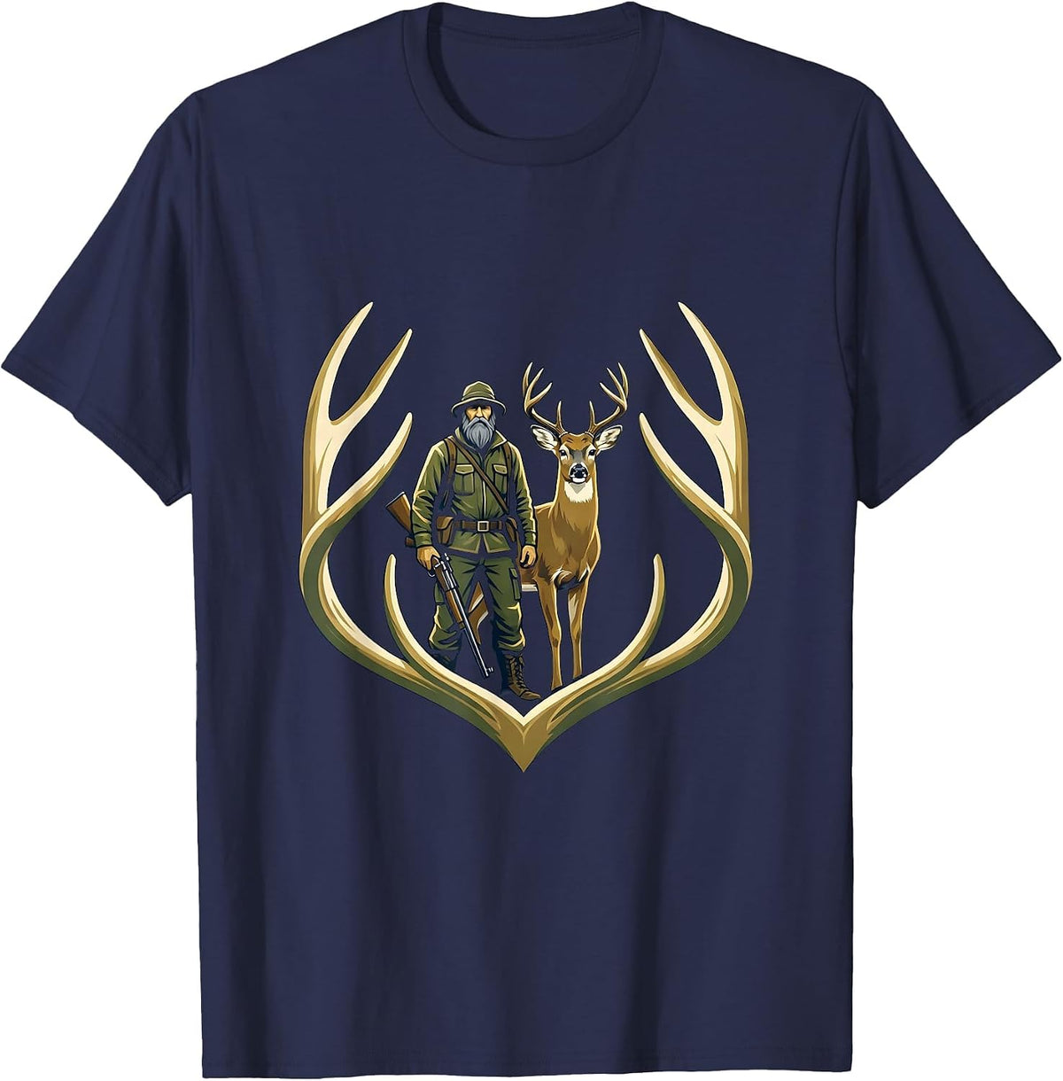 Men's Hunter Crest Emblem Whitetail Deer Humor T-Shirt - Navy Blue