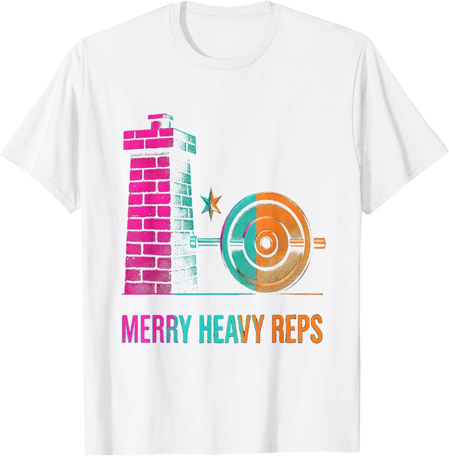 Men's Merry Heavy Reps Risograph Funny Christmas Gym Workout T-Shirt - White