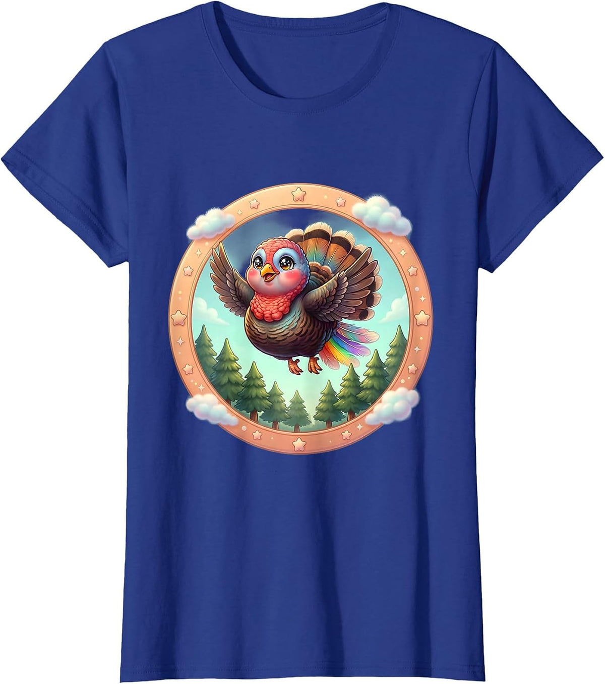 Women's Wild Turkey in Flight Over Pine Trees Graphic T-Shirt - Royal Blue