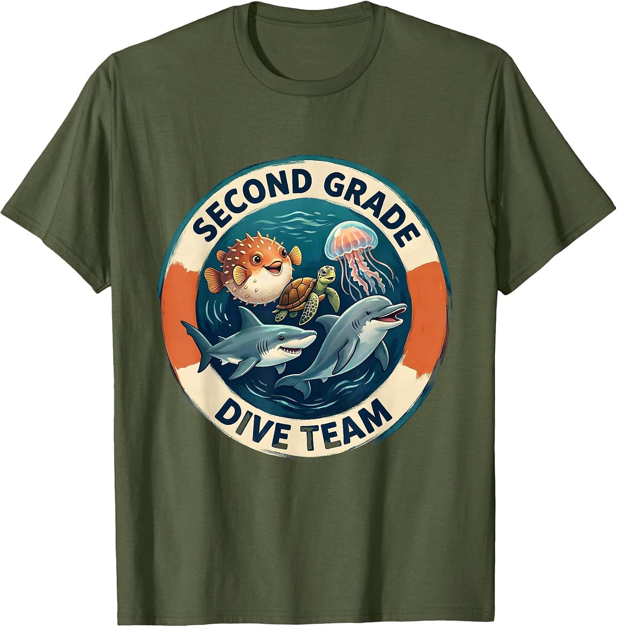 Second Grade Dive Team Funny Teacher Ocean Back To School T-Shirt - Olive Green