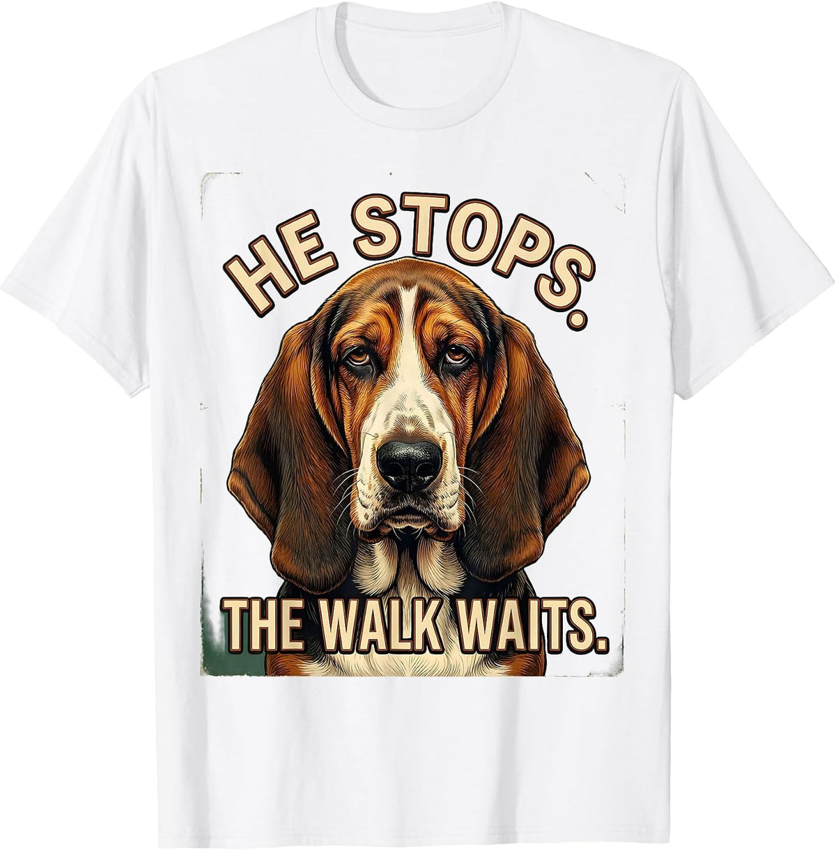 Men's He Stops The Walk Waits Vintage Funny Basset Hound Owner T-Shirt - White
