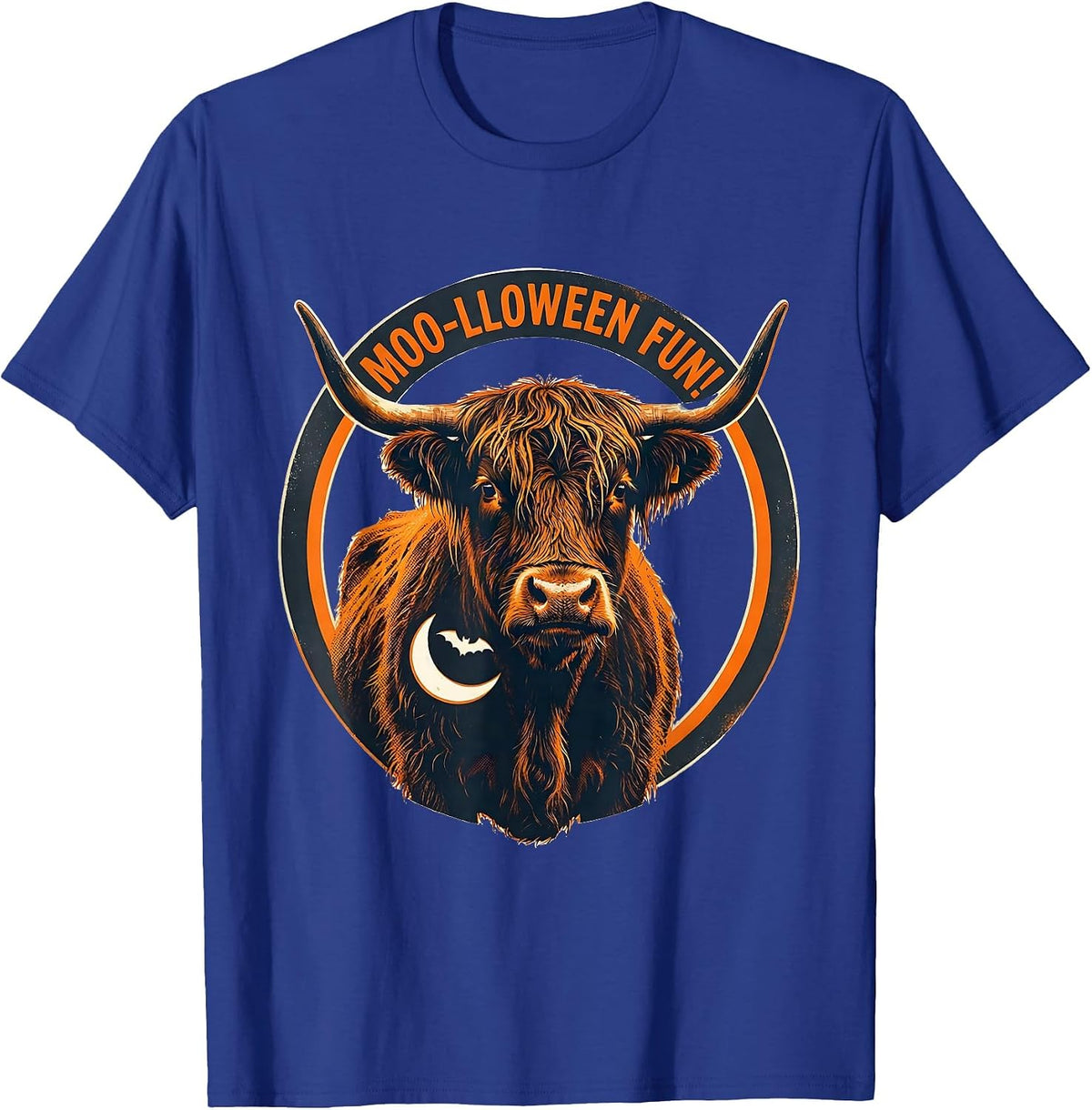 Moo-lloween Fun! Whimsical Highland Cow Halloween Humor T-Shirt - Royal Blue